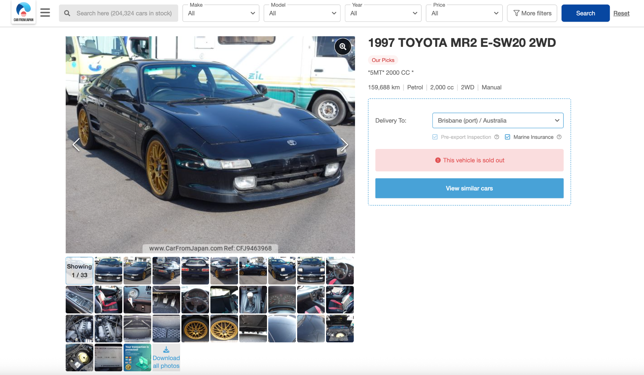 Original Car From Japan listing for a black 1997 Toyota MR2 with gold wheels, manual transmission and 159,688 km.